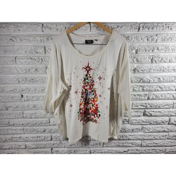 Christmas Onque Casuals Womens Top 2X Plus Tee 3/4 Sleeve Rhinestones WHI28E - Picture 1 of 6
